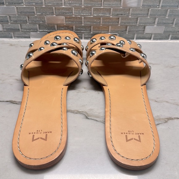 Marc Fisher tan leather slide sandals with silver grommet accents. Size 9.5. - Picture 4 of 5